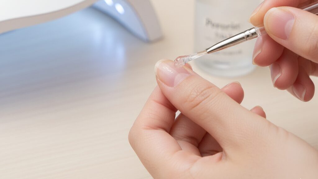 きれいに整えられた爪に、ペロリンネイルを表す透明なベースジェルを丁寧に塗っている様子のクローズアップ。