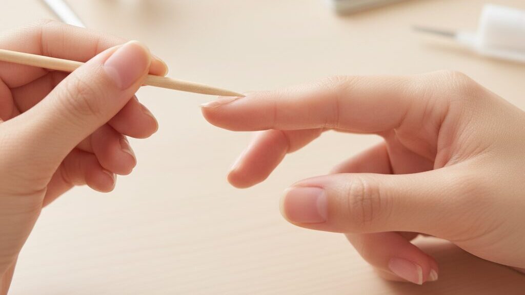 セルフネイルの前に、ウッドスティックを使って丁寧に甘皮処理をしている女性の手元のクローズアップ
