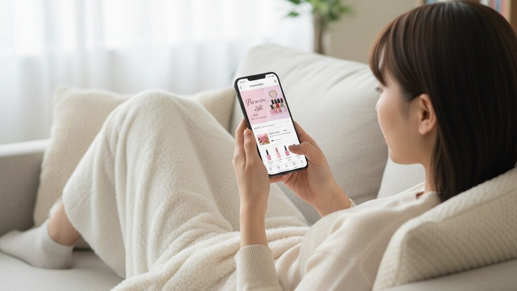自宅のソファでリラックスしながら、スマートフォンでペロリンネイルをオンラインショッピングしている日本人女性